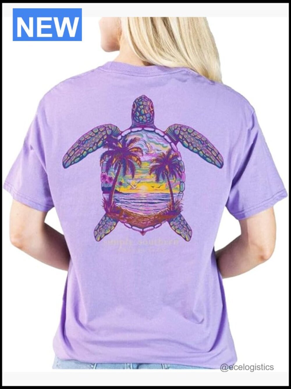 Graphic Sea Turtle T-Shirt with Palm Trees, Crew Neck Short Sleeve Cotton Tee
